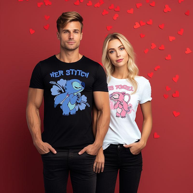 Tricouri pentru cupluri Her Stitch His Angel b/w