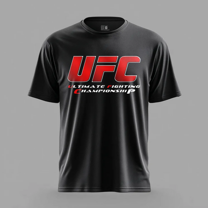 Tricou sport negru barbati, material respirabil, cu logo rosu UFC in centru, pentru antrenamente.